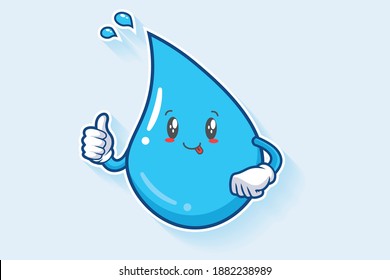 DUMB, FUNNY, TONGUE, CHEERFUL Face Emotion. Thumb Up Hand Gesture. Water Drop Cartoon Drawing Mascot Illustration.