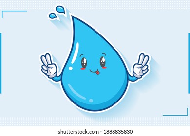 DUMB, FUNNY, TONGUE, CHEERFUL Face Emotion. Double Peace Hand Gesture. Water Drop Cartoon Drawing Mascot Illustration.