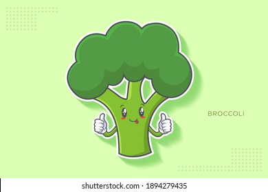 DUMB, FUNNY, TONGUE, CHEERFUL Face Emotion. Double Thumb Up Finger Hand Gesture. Broccoli Vegetable Cartoon Drawing Mascot Illustration.