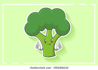 DUMB, FUNNY, TONGUE, CHEERFUL Face Emotion. Double Forefinger Hand Gesture. Broccoli Vegetable Cartoon Drawing Mascot Illustration.