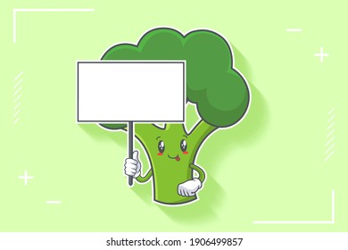 DUMB, FUNNY, TONGUE, CHEERFUL Face Emotion. Holding Whiteboard Hand Gesture. Broccoli Vegetable Cartoon Drawing Mascot Illustration.