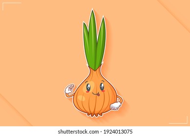 DUMB, FUNNY, TONGUE, CHEERFUL Face Emotion. Salute, Respect Hand Gesture. Onion, Garlic Vegetable Character Cartoon Drawing Mascot Illustration.