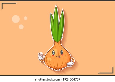 DUMB, FUNNY, TONGUE, CHEERFUL Face Emotion. Nice Finger Hand Gesture. White Onion, Garlic Vegetable Character Cartoon Drawing Mascot Illustration.