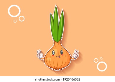DUMB, FUNNY, TONGUE, CHEERFUL Face Emotion. Double Peace Finger Hand Gesture. Onion, Garlic Vegetable Character Cartoon Drawing Mascot Illustration.