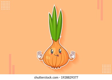 DUMB, FUNNY, TONGUE, CHEERFUL Face Emotion. Double Nice Finger Hand Gesture. White Onion, Garlic Vegetable Character Cartoon Drawing Mascot Illustration.