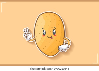 DUMB, FUNNY, TONGUE, CHEERFUL Face Emotion. Peace Finger Gesture. Potato Vegetable Character Cartoon Drawing Mascot Illustration.