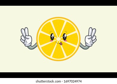 DUMB, FUNNY, TONGUE Face. Double Peaceful Finger. Mascot Illustration. Slice Lemon Fruit.