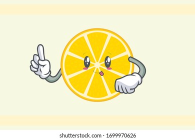 DUMB, FUNNY, TONGUE Face . Index Finger, Forefinger Gesture. Mascot Illustration Slice Lemon Fruit.