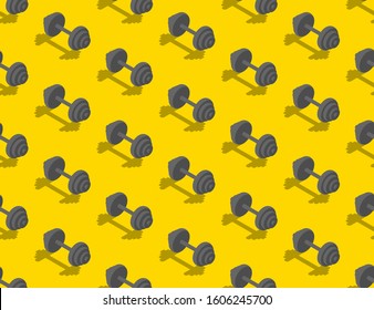 Dumbbell 3D isometric seamless pattern, Fitness running equipment concept poster and social banner post design illustration isolated on yellow background with copy space, vector eps 10