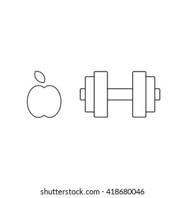 Dumbbell with apple fruit outline icon vector design on white background. Healthy and fitness theme.