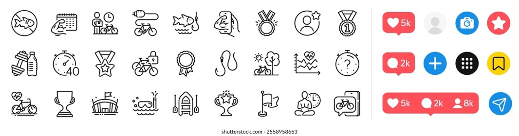 Dumbbell, Award cup and Timer line icons pack. Social media icons. Quiz, Winner ribbon, Fitness calendar web icon. Success, Bicycle lockers, Boat pictogram. Fitness, Arena, Fishing. Vector