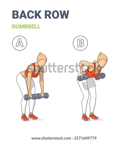 Dumbbell Back Row guide showing a sports woman demonstrating the exercise in two steps. Learn proper muscle-building techniques, boost metabolism, and improve strength with a weighted workout.