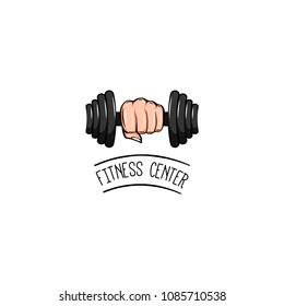 Dumbbell Badge. Fist. Fitness Center Logo. Dumbbell In Hand Icon. Sport Equipment. Vector Illustration.