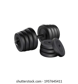 Dumbbell barbell adjustable disc isolated vector. realistic fitness weight lifting equipment. Scalable bodybuilding illustration. Gym and body building black weights exercise. graphic weight bar
