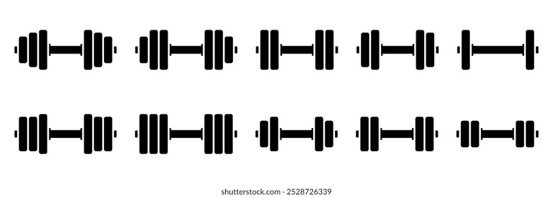 Dumbbell and barbell black line icons set. Dumbbell weight vector. Gym dumbbell icon collection. Barbell and dumbbell silhouettes. Vector Illustration.