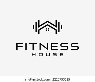 Dumbbell Barbell Fitness Gym Workout Equipment with House Home Building Housing Vector Logo Design