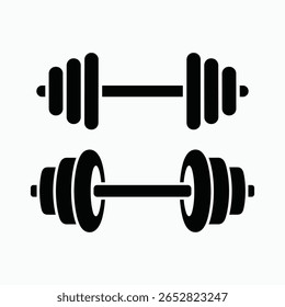 Conjunto de ícones de sino e barbell, ilustração vetor preto e branco, perfeito para fitness, ginásio, treino, exercício, musculação e projetos de design esportivo.