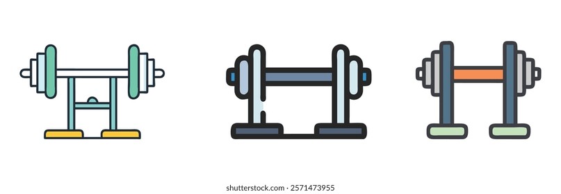 Dumbbell and barbell icon set, A collection of three colorful fitness icons featuring dumbbells and barbells, ideal for gym, workout, and weightlifting themes. 
