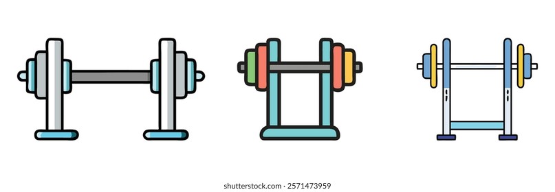 Dumbbell and barbell icon set, A collection of three colorful fitness icons featuring dumbbells and barbells, ideal for gym, workout, and weightlifting themes. 
