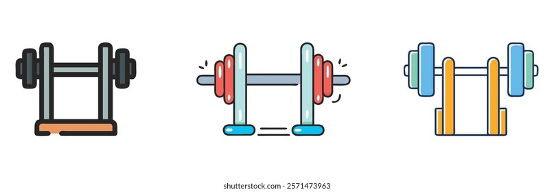 Dumbbell and barbell icon set, A collection of three colorful fitness icons featuring dumbbells and barbells, ideal for gym, workout, and weightlifting themes. 
