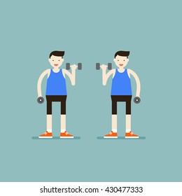 Dumbbell Bicep Curls Exercise Guide, Arms Exercise of Weight Training Guide.Vector illustration flat style. 