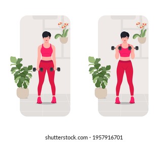 Dumbbell Bicep curls exercise, Online fitness concept, Woman workout fitness, aerobic and exercises. Vector Illustration.	