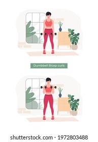 Dumbbell Bicep curls exercise, Online fitness concept, Woman workout fitness, aerobic and exercises. Vector Illustration.	