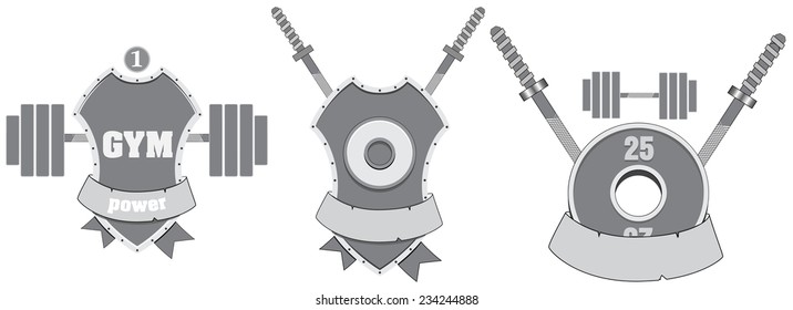 Dumbbell, board, signature stamp and pancake for a gym. Vector illustration