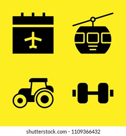 dumbbell, cable car cabin, calendar and tractor vector icon set. Sample icons set for web and graphic design