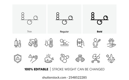 Dumbbell, Capsule pill and Balance line icons. Pack of Medical flight, Dont touch, People vaccination icon. Baby carriage, Skin moisture, Medical vaccination pictogram. Low thermometer. Vector