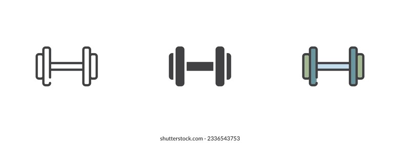 Dumbbell different style icon set. Line, glyph and filled outline colorful version, outline and filled vector sign. Symbol, logo illustration. Vector graphics