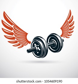 Dumbbell with disc weight vector illustration created using wings. Bodybuilding sport equipment for pumping and fitness workout.