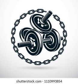Dumbbell and disc weight vector illustration surrounded by iron chain. Fitness and bodybuilding sport equipment.