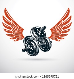 Dumbbell with disc weight vector illustration created using wings. Fitness and bodybuilding sport equipment for pumping and fitness workout.