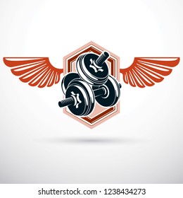 Dumbbell with disc weight vector illustration created using wings. Cross fit and bodybuilding sport equipment for pumping and fitness workout.