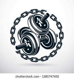 Dumbbell and disc weight vector illustration surrounded by iron chain. Gym and bodybuilding sport equipment.