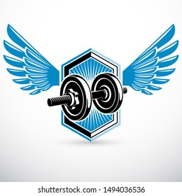 Dumb-bell with disc weight vector illustration created using wings. Gym power lifting sport equipment for heavy load pumping and weightlifting.