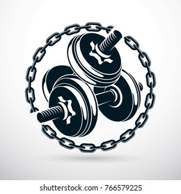 Dumbbell and disc weight vector illustration surrounded by iron chain. bodybuilding sport equipment.