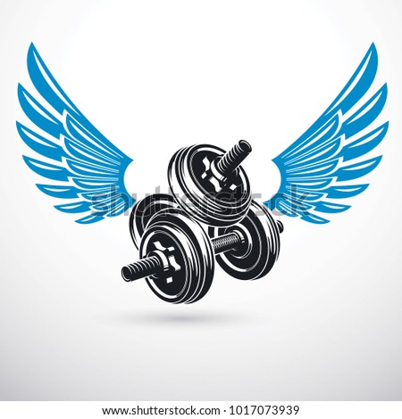 Dumb-bell with disc weight vector illustration created using wings. Gym power lifting sport equipment for heavy load pumping and weightlifting.