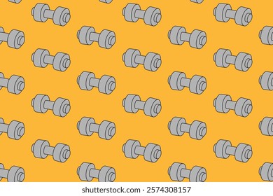 dumbbell fitness gym colorful pattern on yellow background. doodle dumbbell object symbol seamless pattern background. dumbbell seamless pattern for fitness gym decor and merchandise