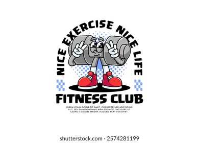 dumbbell fitness gym retro cartoon character mascot illustration with standing pose and showing peace hands for fitness gym bodybuilding sport club mascots and merchandise