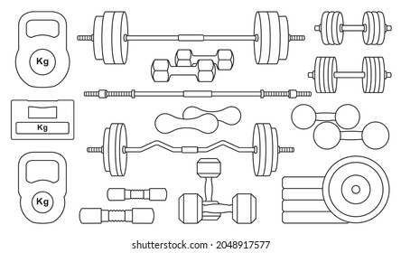 Timbre del icono del conjunto de contorno del vector de fitness. Ilustración vectorial en fondo blanco. Icono de conjunto de contorno aislado dumbbell de fitness.