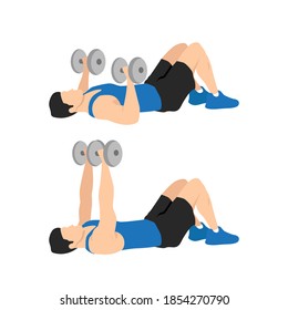 Dumbbell floor chest press exercise. Flat vector illustration isolated on white background. Workout character