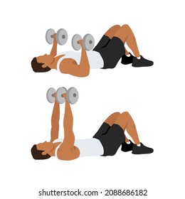 Dumbbell floor chest press exercise. Flat vector illustration isolated on white background. Workout character