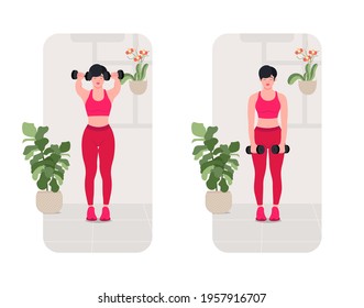 Dumbbell front raise exercise, Online fitness concept, Woman workout fitness, aerobic and exercises. Vector Illustration.	
