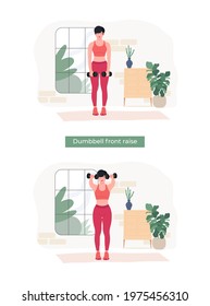 Dumbbell front raise exercise, Online fitness concept, Woman workout fitness, aerobic and exercises. Vector Illustration.	
