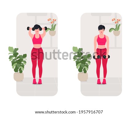 Dumbbell front raise exercise, Online fitness concept, Woman workout fitness, aerobic and exercises. Vector Illustration.	