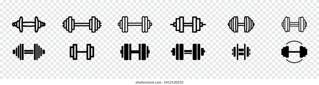 Dumbbell for gym icon, Dumbbell icon set, Dumbbell concept. Sport line icon set. Dumbbell icon. Set of different dumbbells. Dumbbells for a sports hall. 