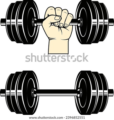 Dumbbell gym logo design. Hands holding dumbbel illustration. 
