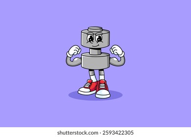 dumbbell, halter fitness gym retro cartoon character mascot illustration with standing pose and showing both arm muscles for fitness gym bodybuilding sport club mascots and merchandise